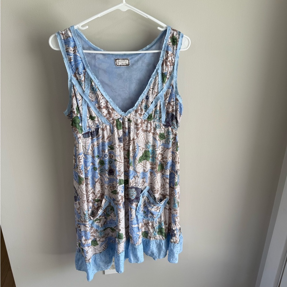 Free People Y2K Boho Floral Sleeveless Tunic Dress - Light Blue - Size Medium - Picture 4 of 16